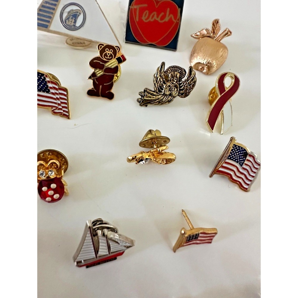 Pin Lot USA Flag Angel Horse ladybug Bear Sailboat Apple heart Set of 20 - Picture 6 of 8